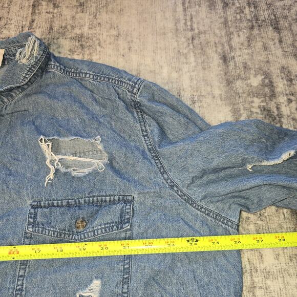 Boho Jane Denim Shirt Womens Large Blue Distressed Blame My Gypsy Soul Patch - Picture 7 of 10